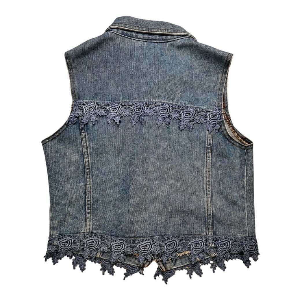 Vintage Watch LA Denim Jean Vest Lace Blue Fem Cottage Flirty - Picture 3 of 5